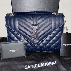 YSL Saint Laurent Medium Envelope Navy Silver Handbag Purse